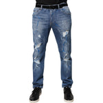 Dolce & Gabbana Blue Cotton Stretch Tattered Skinny Denim Jeans