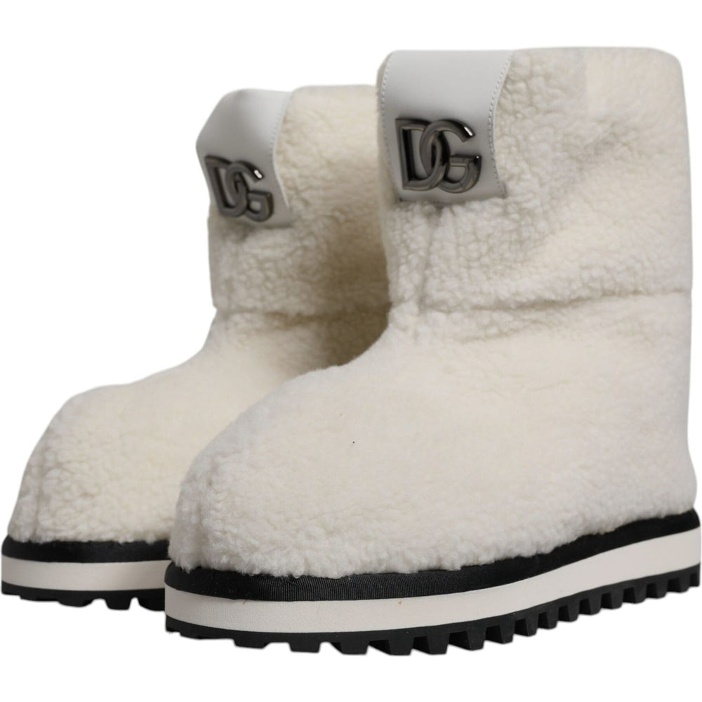 Dolce & Gabbana White Plush Logo Padded Mid Calf Boots Shoes