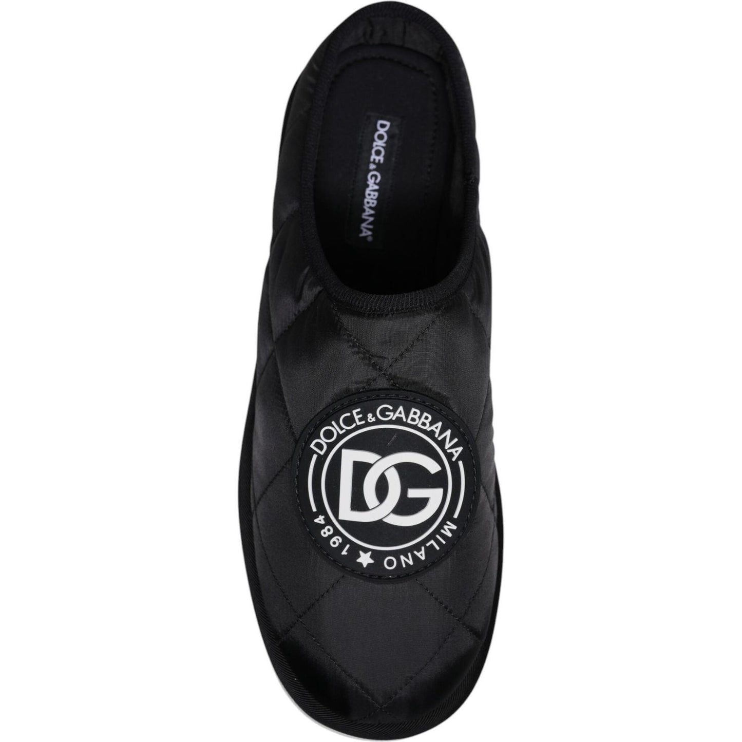 Dolce & Gabbana Black Nylon Quilted Logo Patch Sandals Slides Shoes
