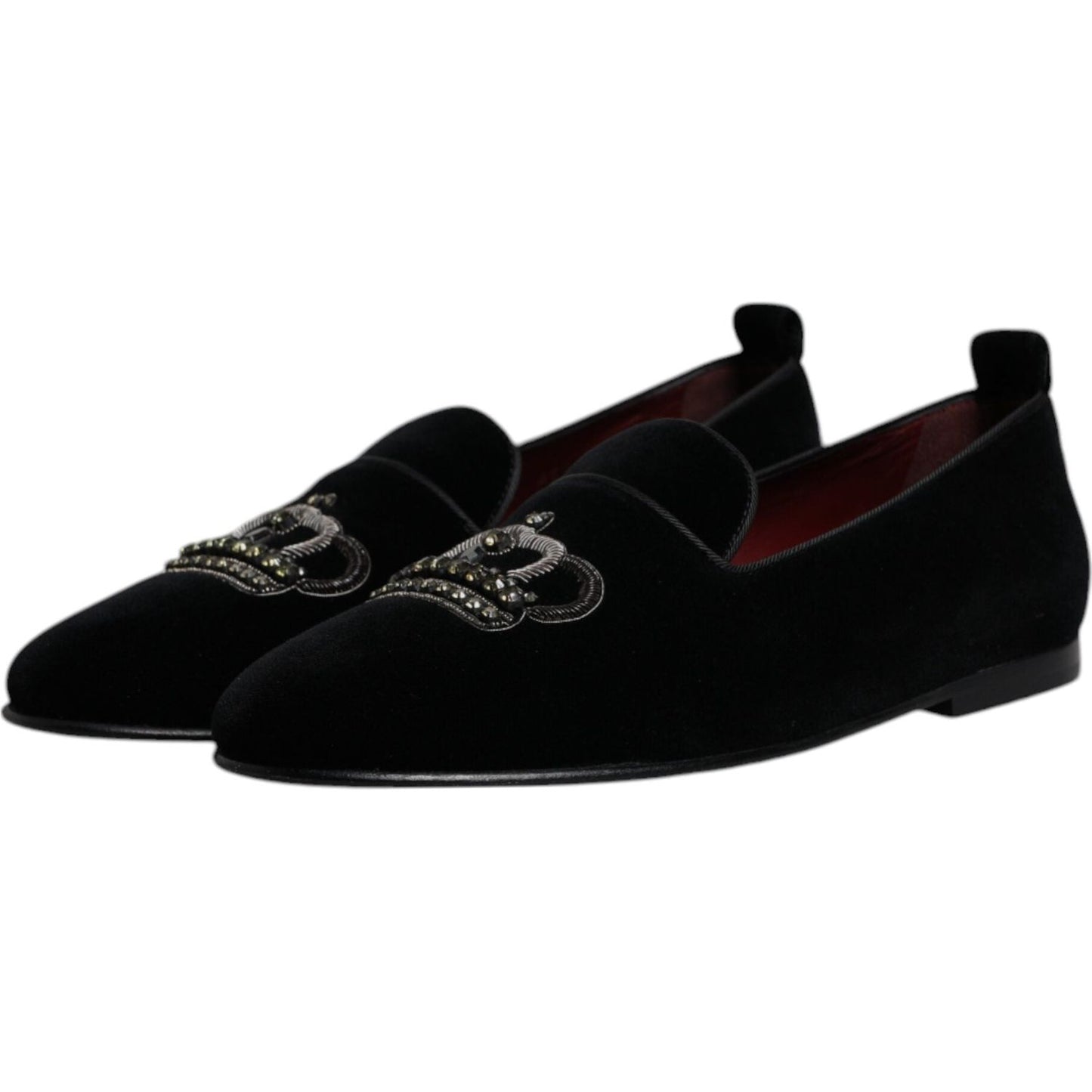 Dolce & Gabbana Black Velvet Crystal Crown Loafers Formal Dress Shoes