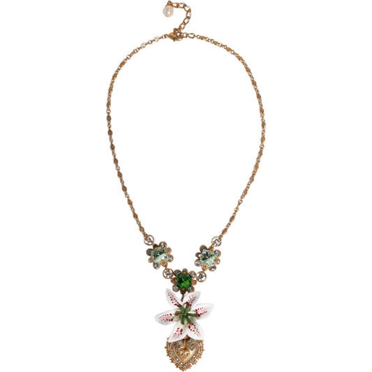 Dolce & Gabbana Gold Brass Lily Crystal Sacred Heart Pendant Necklace