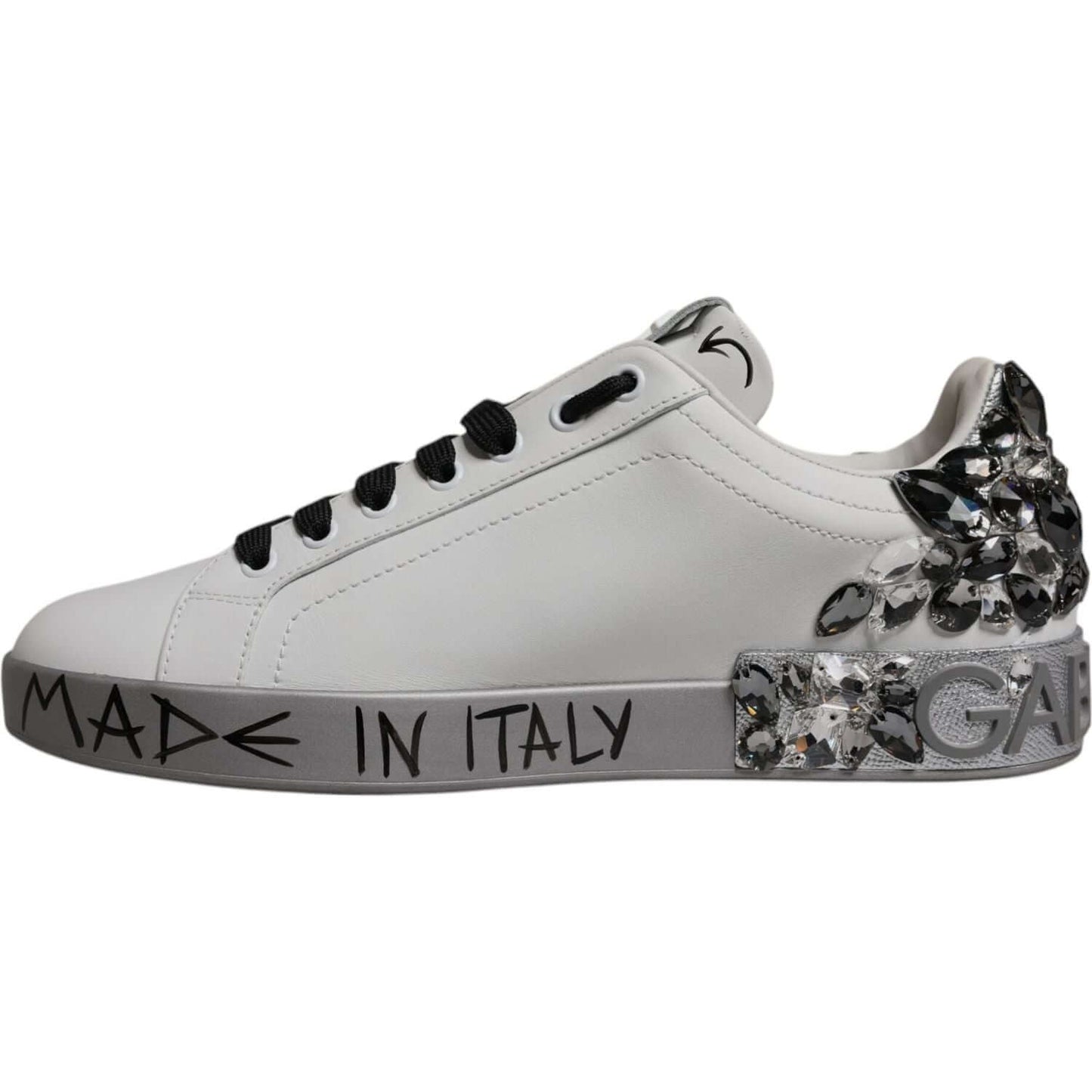 Dolce & Gabbana White Silver Crystal Logo Portofino Sneakers Shoes