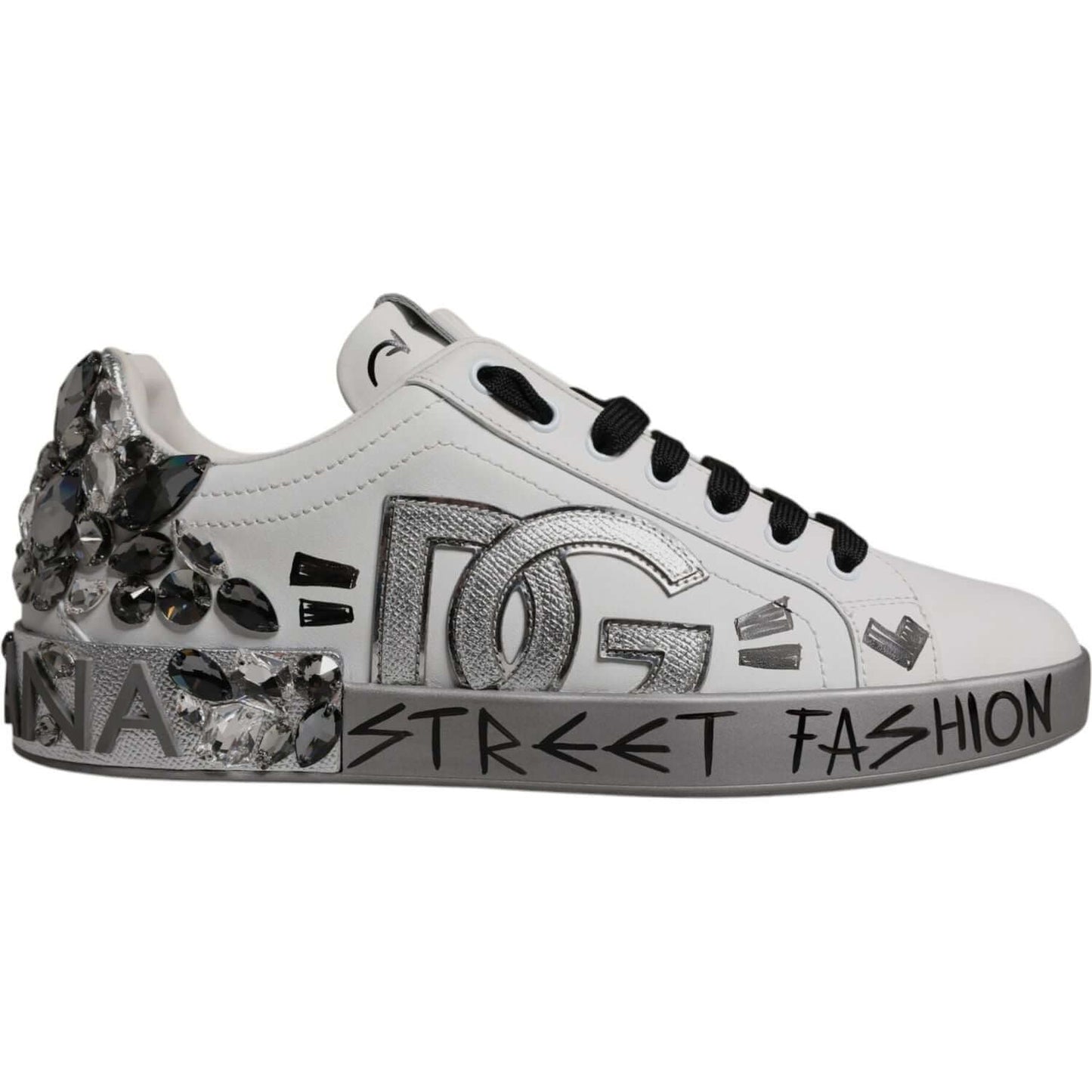 Dolce & Gabbana White Silver Crystal Logo Portofino Sneakers Shoes