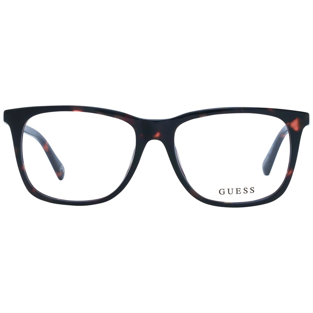 Guess Brown Unisex Glasses Frame with square style, full-rim plastic frame. Includes branded case, spring hinge, and demo lenses.