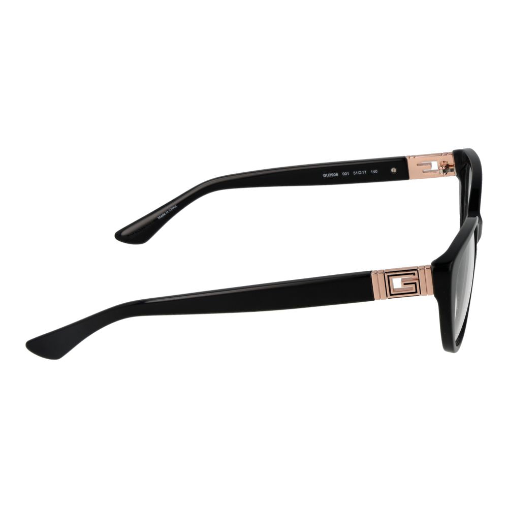 Alt Tag: Side view of Guess Black Plastic Glasses (Frames) with full-rim cat eye style and demo lenses, showcasing detailed temple design.