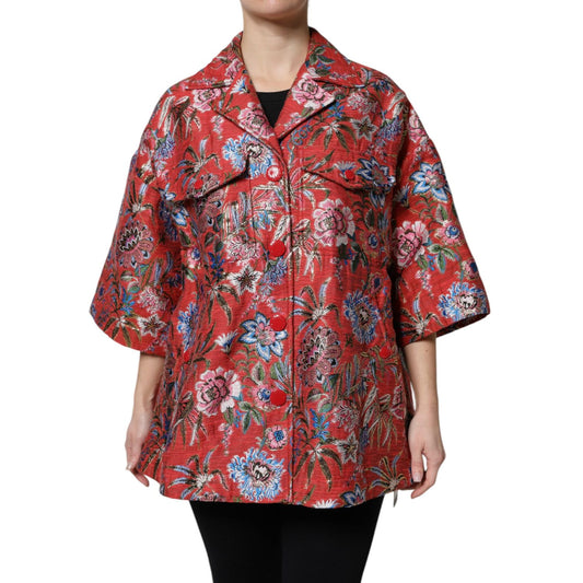 Dolce & Gabbana Red Floral Jacquard Button Down Coat Jacket