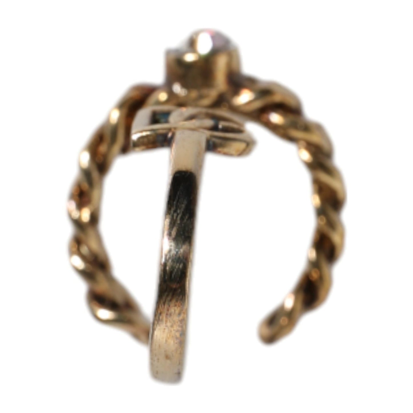 Dolce & Gabbana Gold Tone Engraved Logo Clear Crystals Adjustable Ring