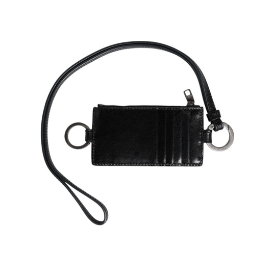 Dolce & Gabbana Black Leather Logo Embossed Lanyard Card Holder Wallet