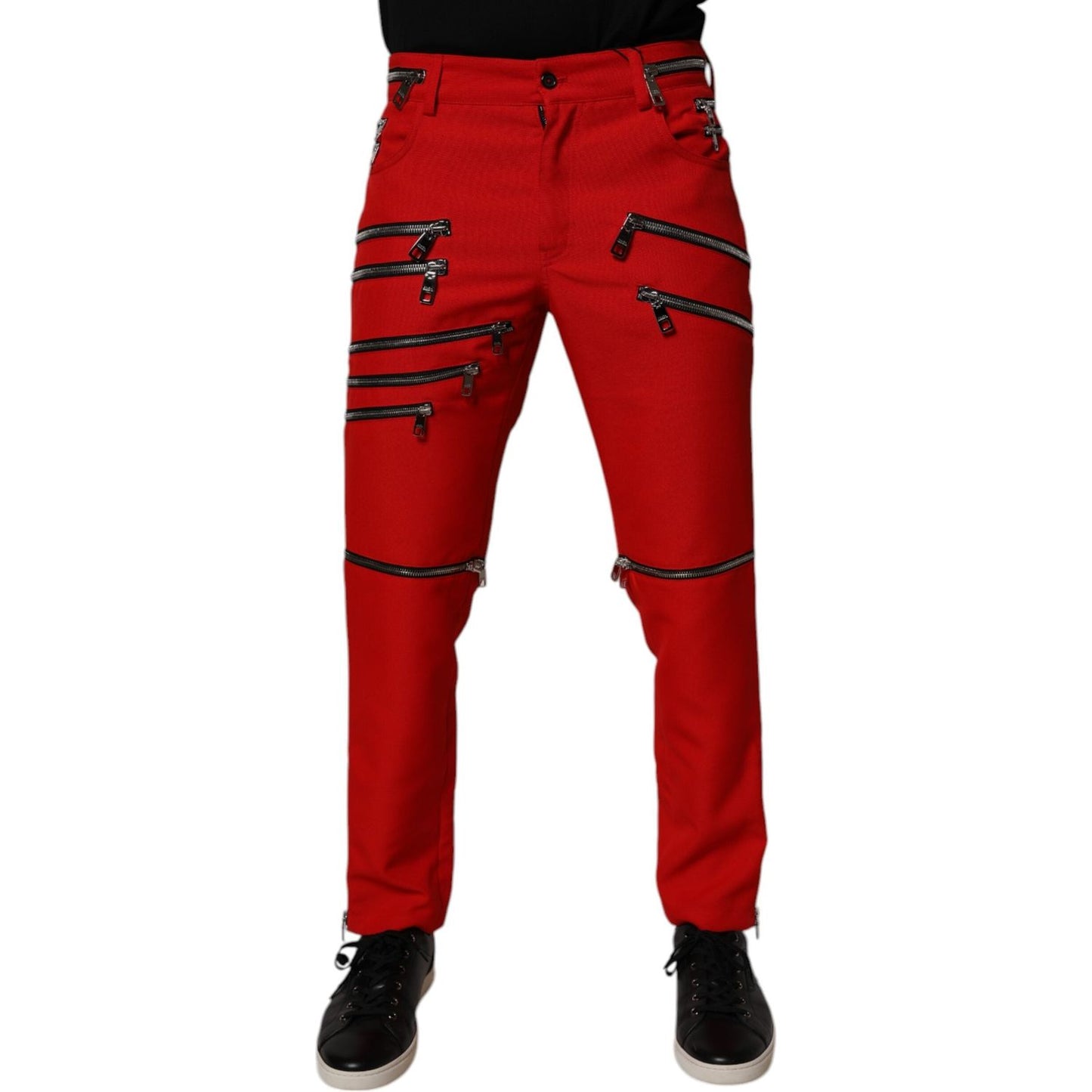 Dolce & Gabbana Red Zipper Embellished Straight Pants