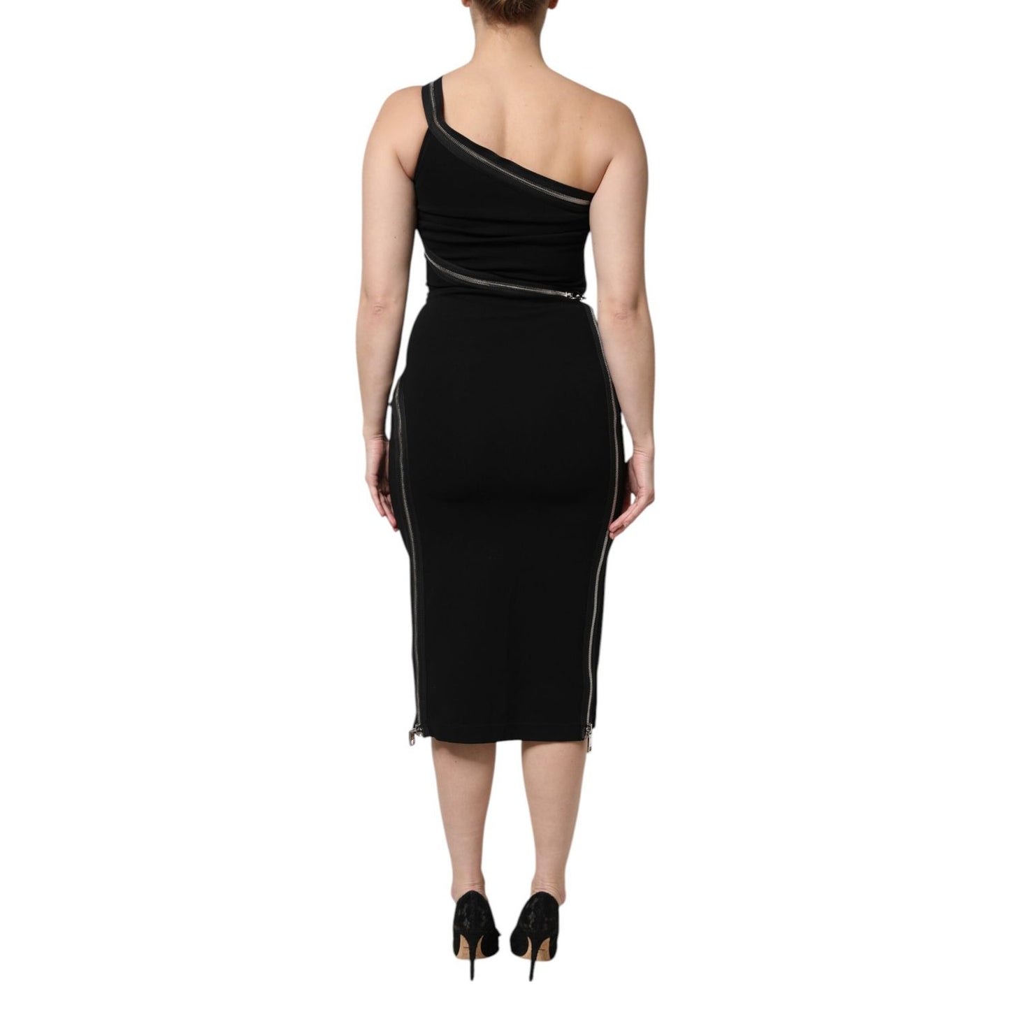 Dolce & Gabbana Black Viscose One Shoulder Zipper Sheath Dress
