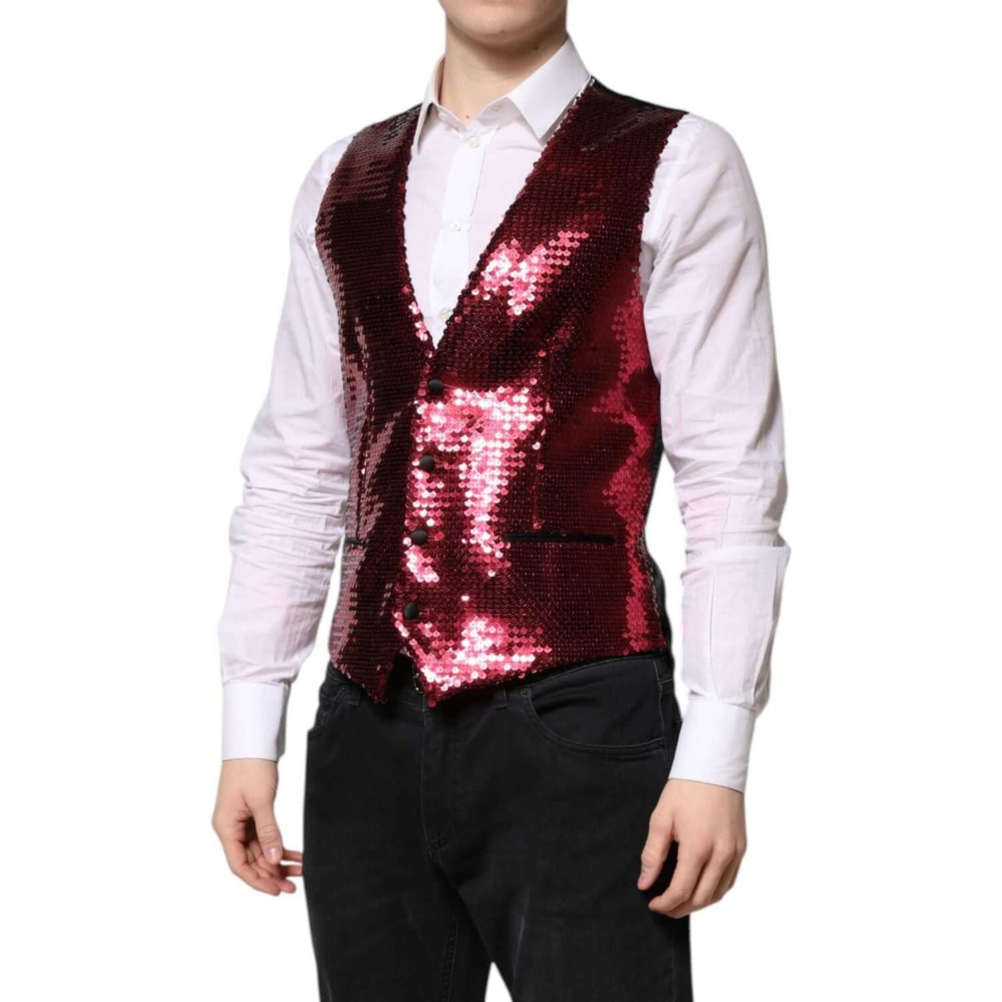 Dolce & Gabbana Red Sequined Dress Formal Men Waistcoat Vest