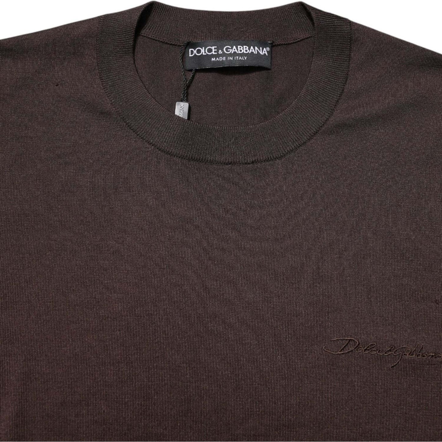 Dolce & Gabbana Brown Silk Logo Embroidery Crew Neck T-shirt