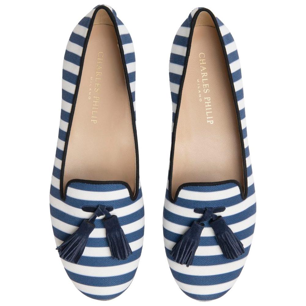 Charles Philip Blue Cotton Flat Shoe
