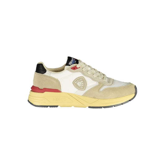 Blauer Beige Polyester Men Sneaker with leather accents and contrasting details, featuring prominent Blauer logo on side. Fashion-forward choice.