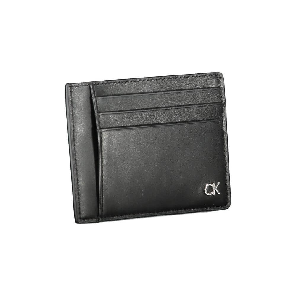 Calvin Klein Black Leather Wallet with card holder, one compartment, coin pocket, card spaces, and CK logo.