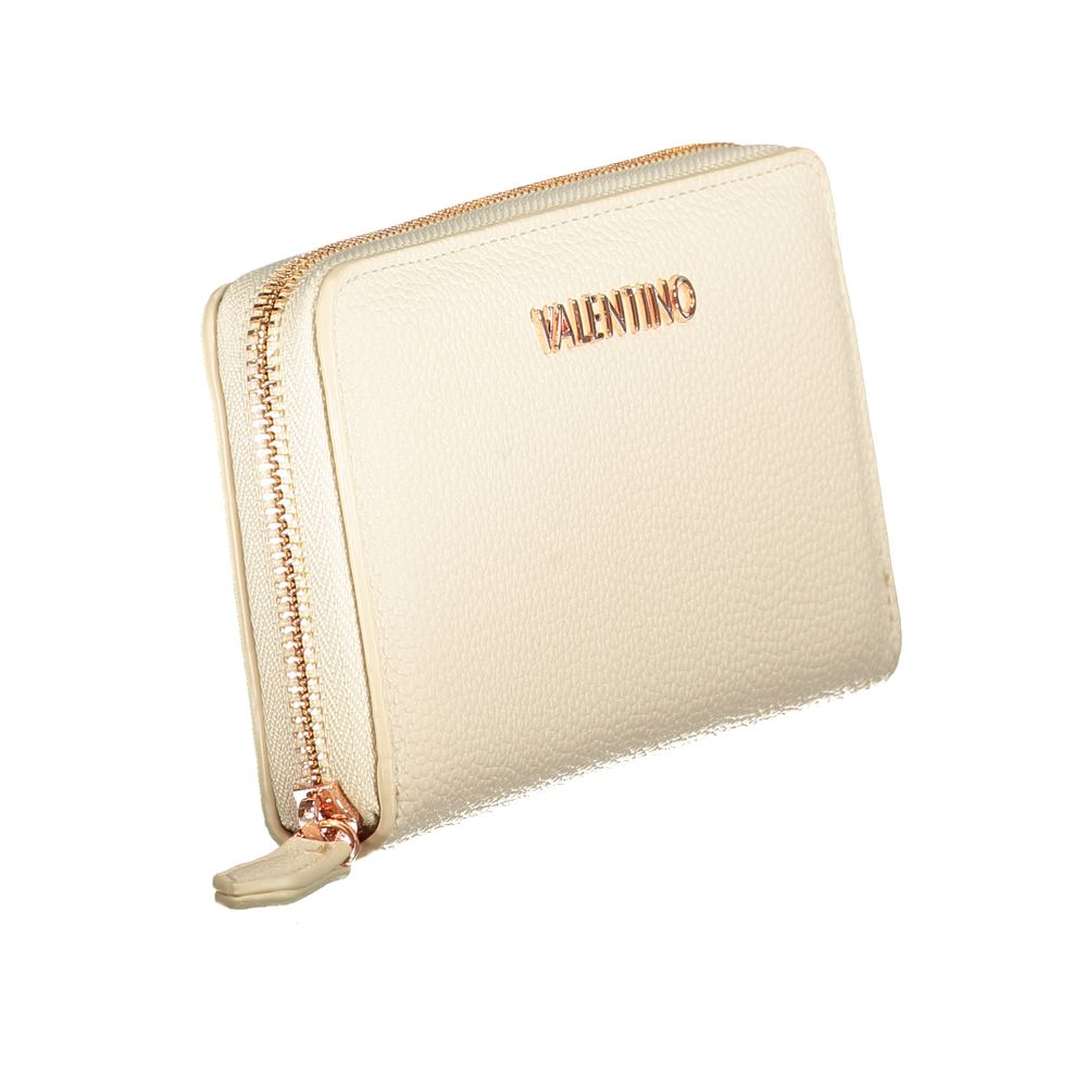 Mario Valentino Beige Polyethylene Wallet with 6 compartments, coin purse, double card spaces, and zip closure, featuring logo.