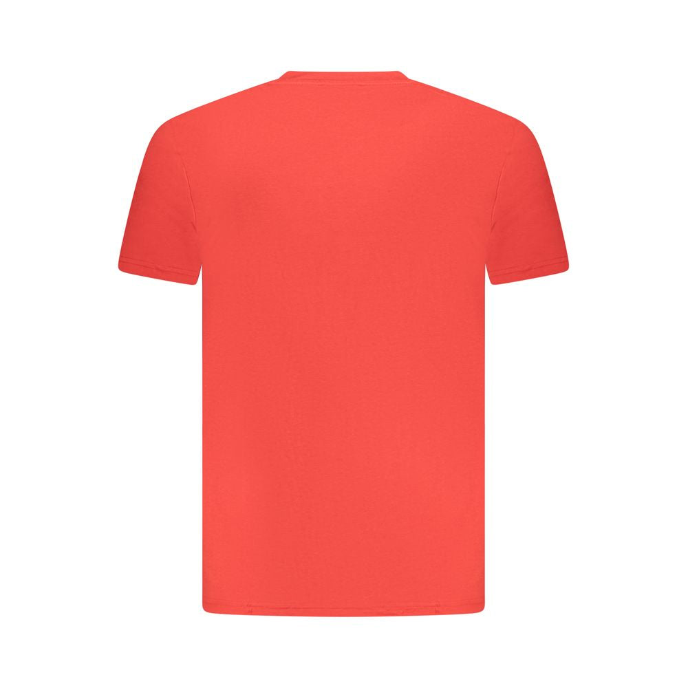 Cavalli Class Red Cotton Men T-Shirt featuring short sleeves and a crew neck, designed for comfort and style, showcasing the back view.