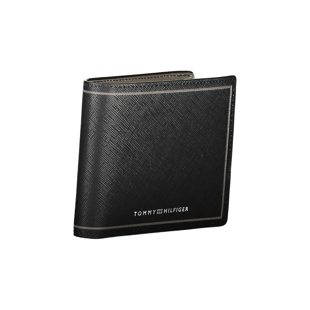 Tommy Hilfiger Black Leather Wallet with 2 compartments, coin purse, and card spaces featuring contrast details and logo.