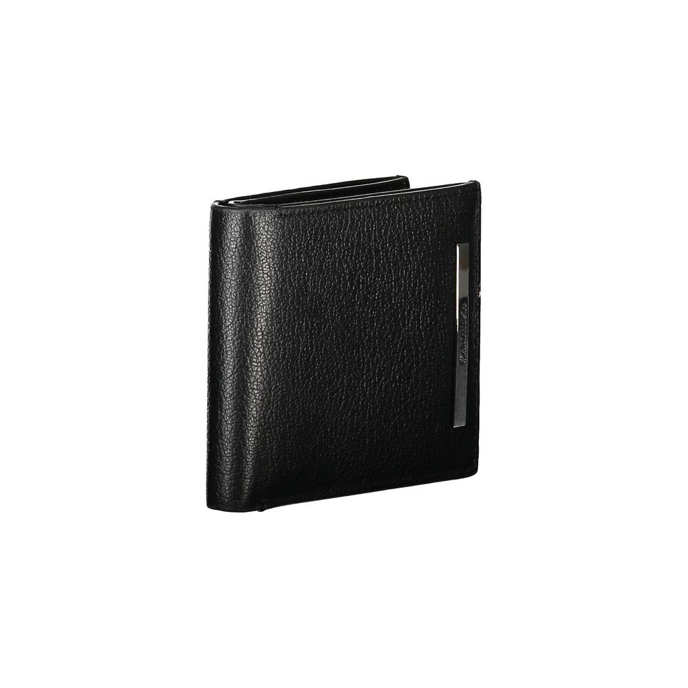 Calvin Klein Black Leather Wallet with compartments, coin purse, card slots, RFID block, and logo.