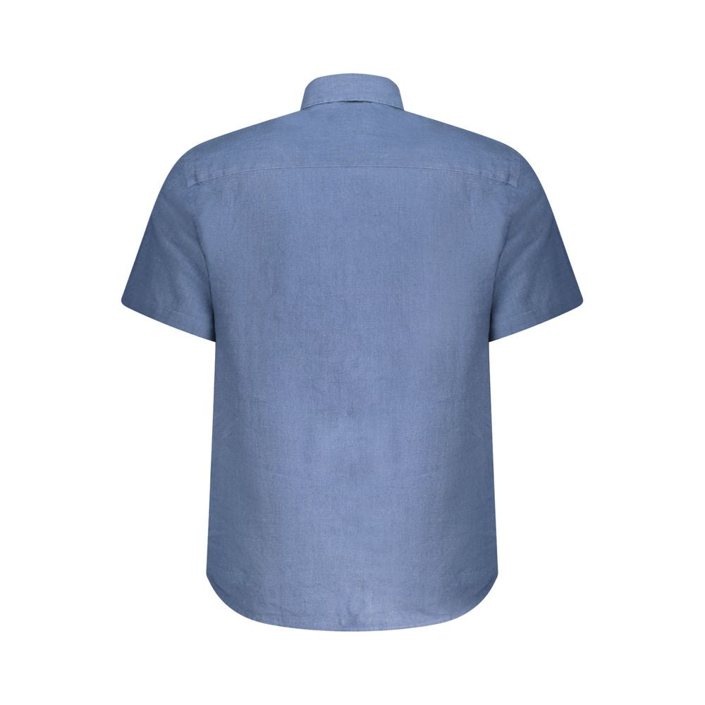 Back view of North Sails Blue Linen Shirt with Italian collar and short sleeves, showcasing ocean-positive design and logo embroidery.