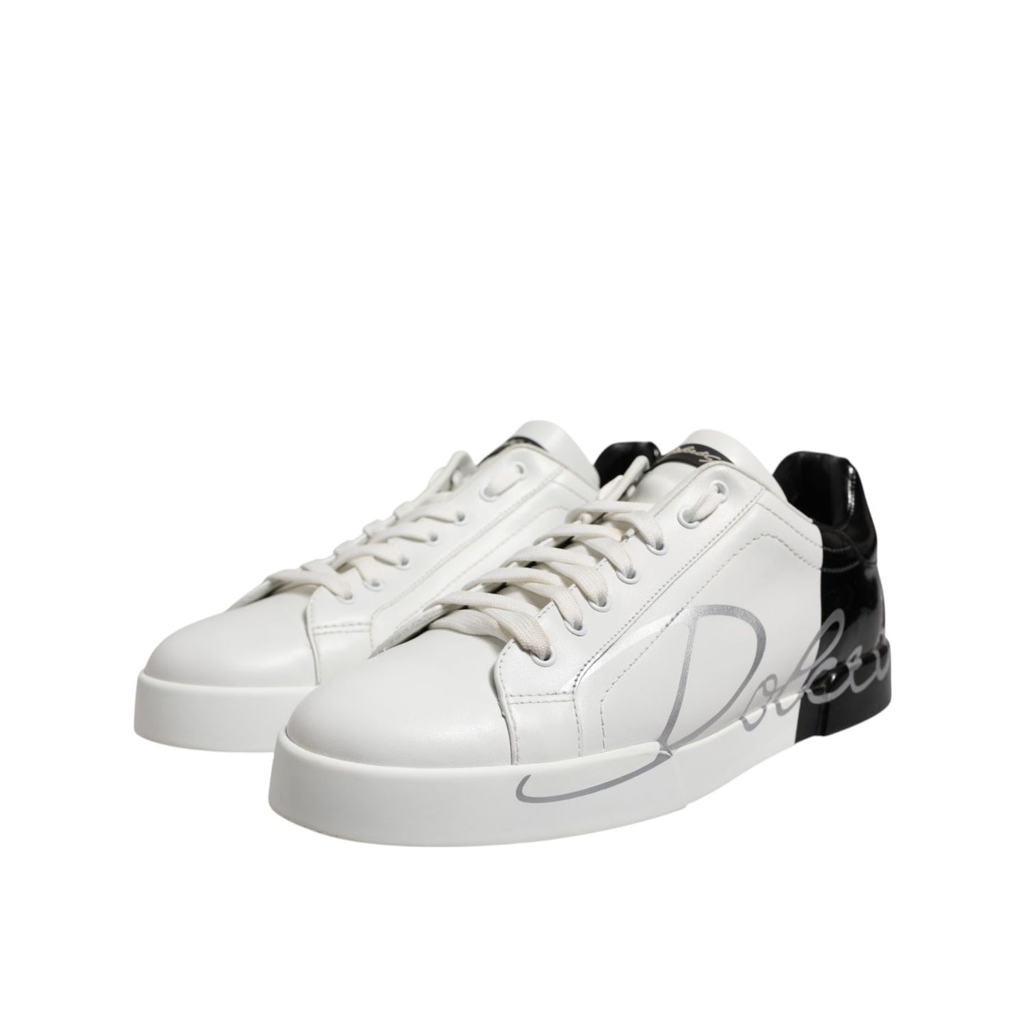 Dolce & Gabbana White Black Logo Low Top Leather Sneakers Shoes