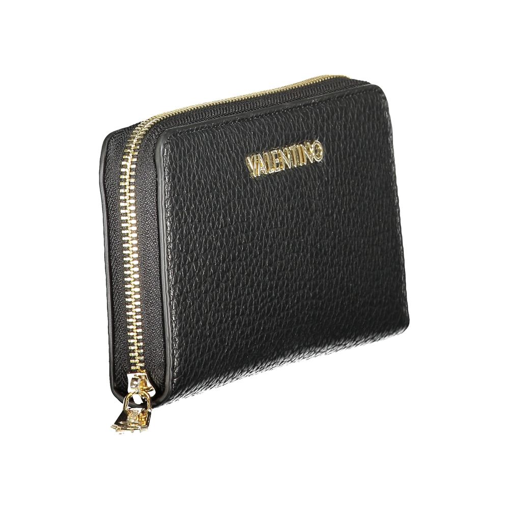 Mario Valentino Black Polyethylene Wallet with 6 compartments, coin purse, double card spaces, zip closure, and logo.