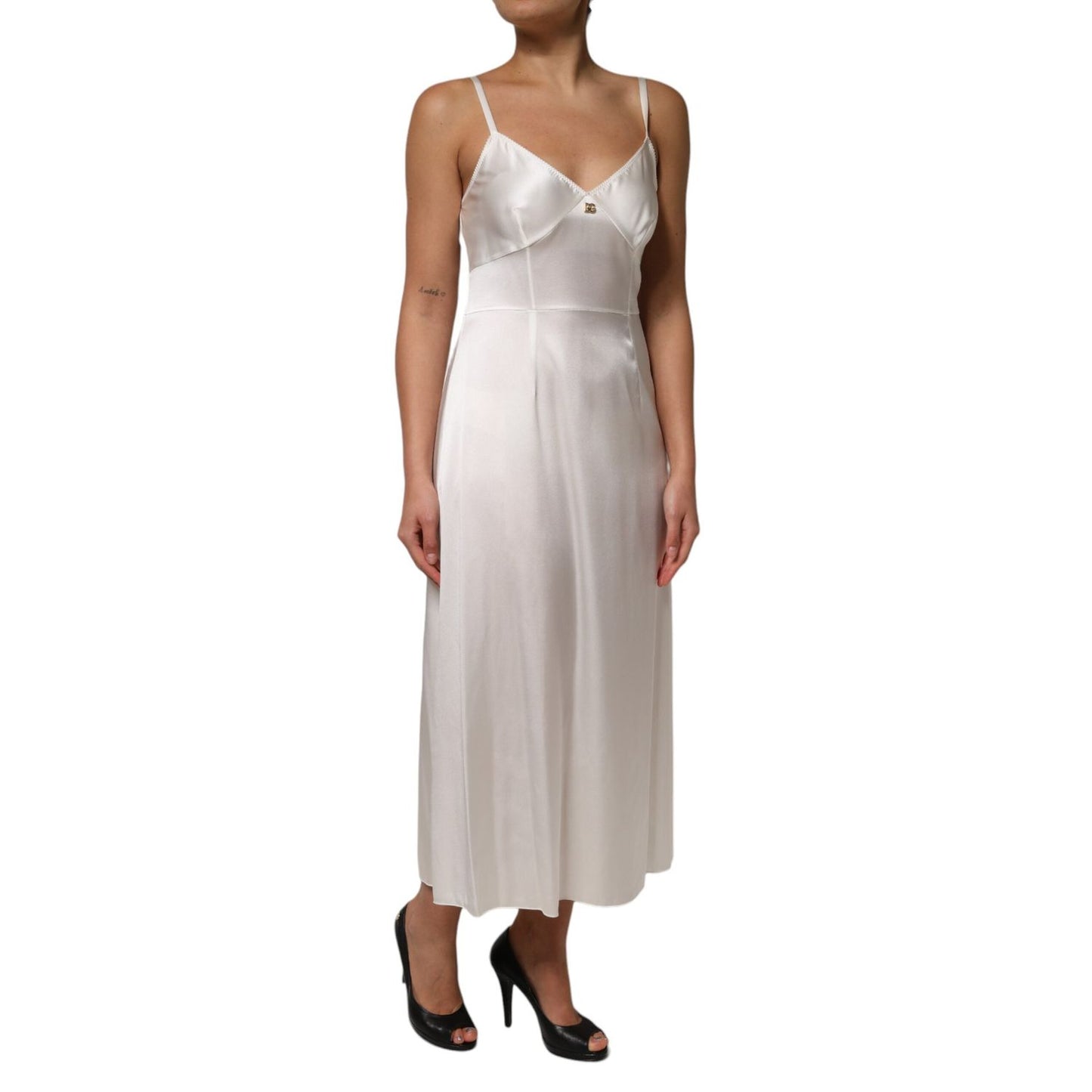 Dolce & Gabbana White DG Logo Full Slip Silk Dress Sleepwear