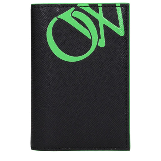 Off-White Black Leather Cardholder with green logo design, featuring nine card slots and branding on front and back.