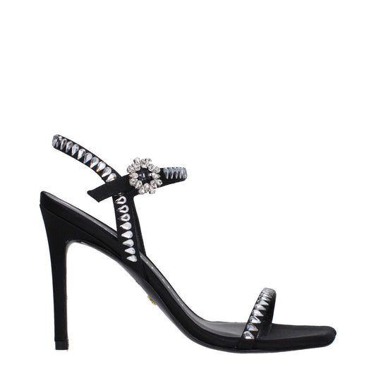 Stuart Weitzman Black Satin Stiletto Heel Sandals with rhinestones, open toe design, and buckle closure. Heel height: 10 cm.