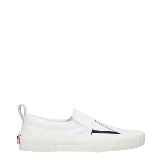 Valentino Garavani White Fabric Slip-On Loafers with front logo, round toe, rubber sole, and low flat heel.