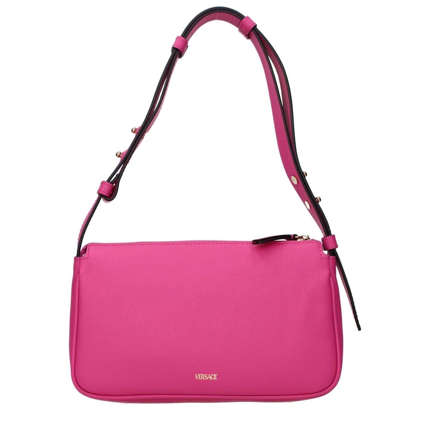 Versace Pink Leather Shoulder Bag featuring adjustable handle and front detail with back logo in fuchsia color.