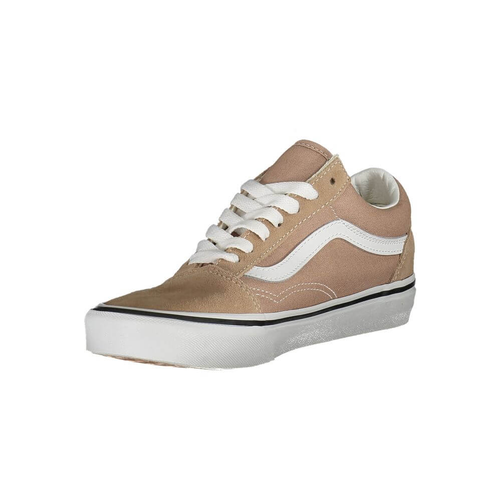 Vans Beige Polyester Sneaker with laces, Old Skool design, contrasting details, logo visible, side view.