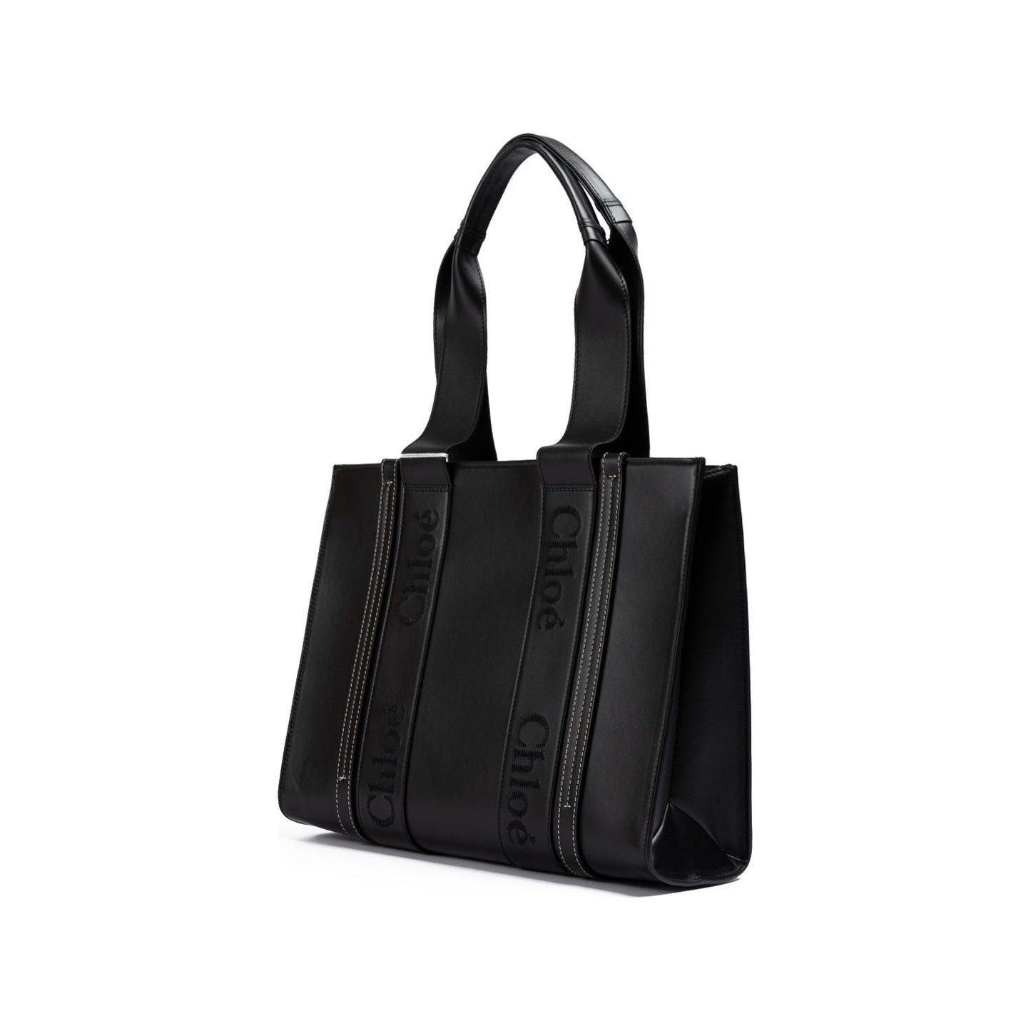 Chloé Black Woody Embroidered Logo Leather Medium Tote Bag