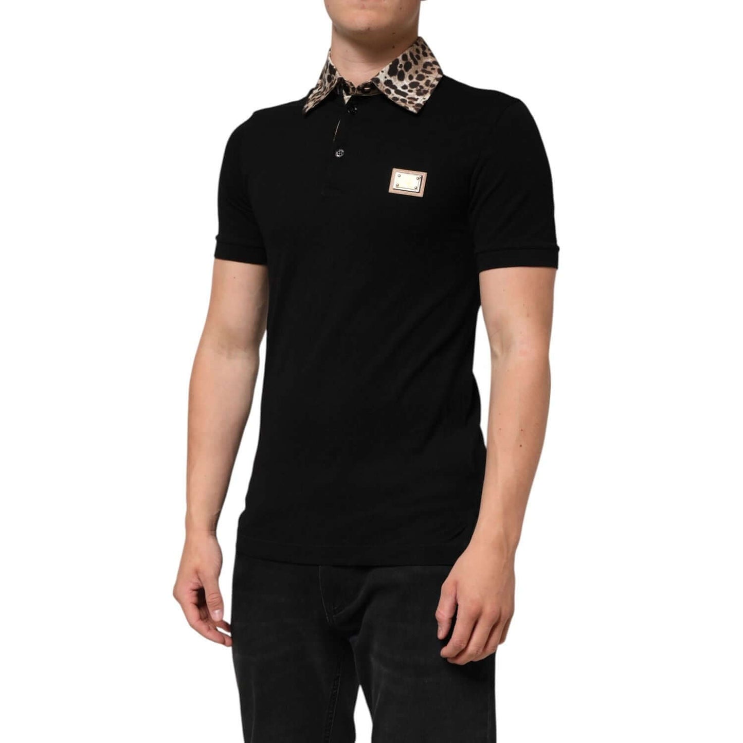 Dolce & Gabbana Black Cotton Leopard Collar Polo T-shirt