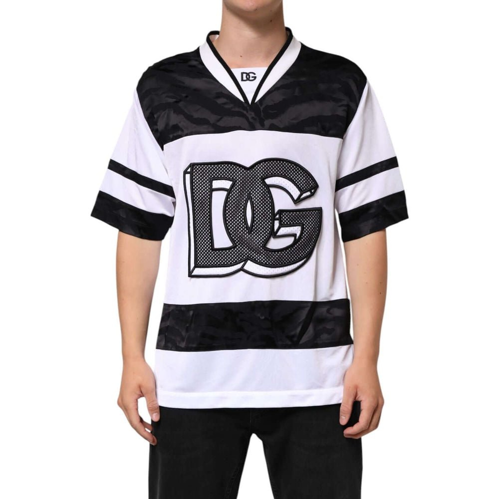 Dolce & Gabbana White Black Polyester DG Logo Mesh Jersey T-shirt