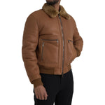 Dolce & Gabbana Brown Leather Fur Button Biker Coat Jacket