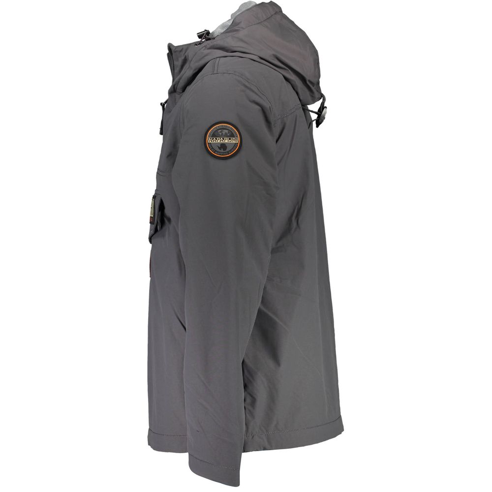Napapijri Gray Polyamide Jackets & Coat with hood, side zip, and logo patch