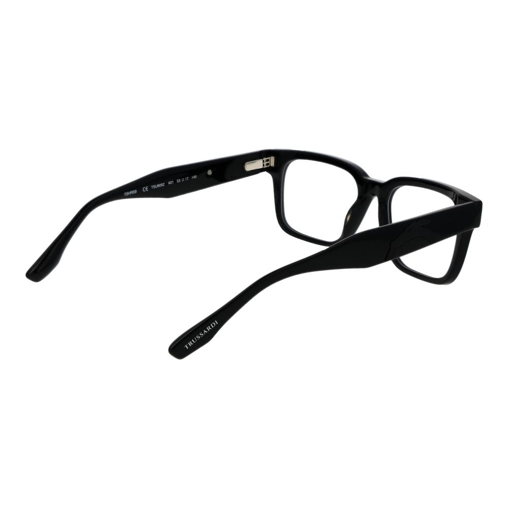 Trussardi Black Acetate Glasses (Frames) in black with full-rim rectangle style, unisex design, and plastic demo lenses.