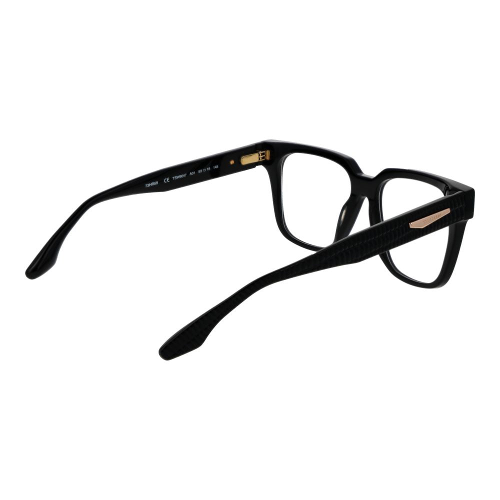 Trussardi Black Acetate Glasses (Frames) featuring full-rim square style with black acetate frame, demo lenses, and branded case included.