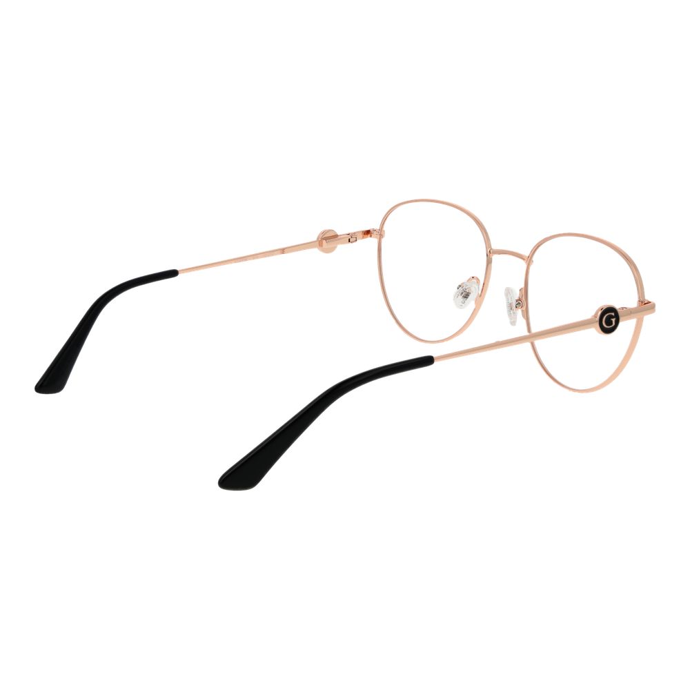 Guess Rose Gold Metal Glasses (Frames) for women with full-rim panto style, rose gold color, spring hinge, demo lenses, and branded case included.