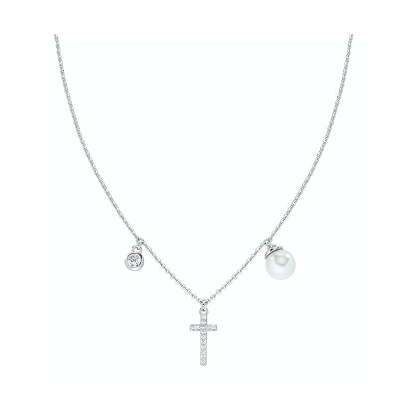 AMEN JEWELRY Mod. CLCRPEBBZ necklace with cross, pearl, and crystal charm on a delicate chain.