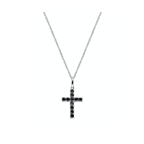 AMEN JEWELRY Mod. CRBN02 black stone cross pendant on a silver chain necklace