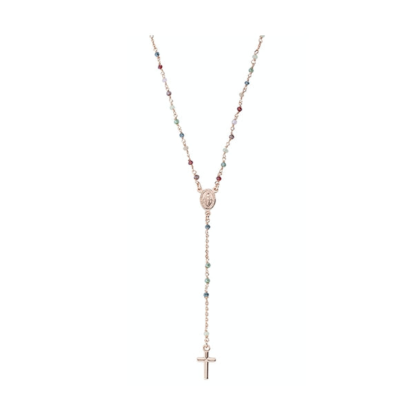 AMEN JEWELRY Mod. CRO25RMU4 necklace featuring a delicate rosary design with multicolored beads and cross pendant.