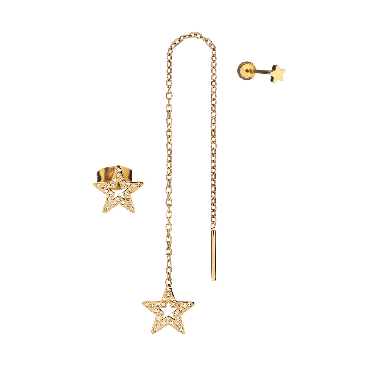 AN JEWELS JEWELRY Mod. AB.EP019 gold star earrings with chain and stud design.