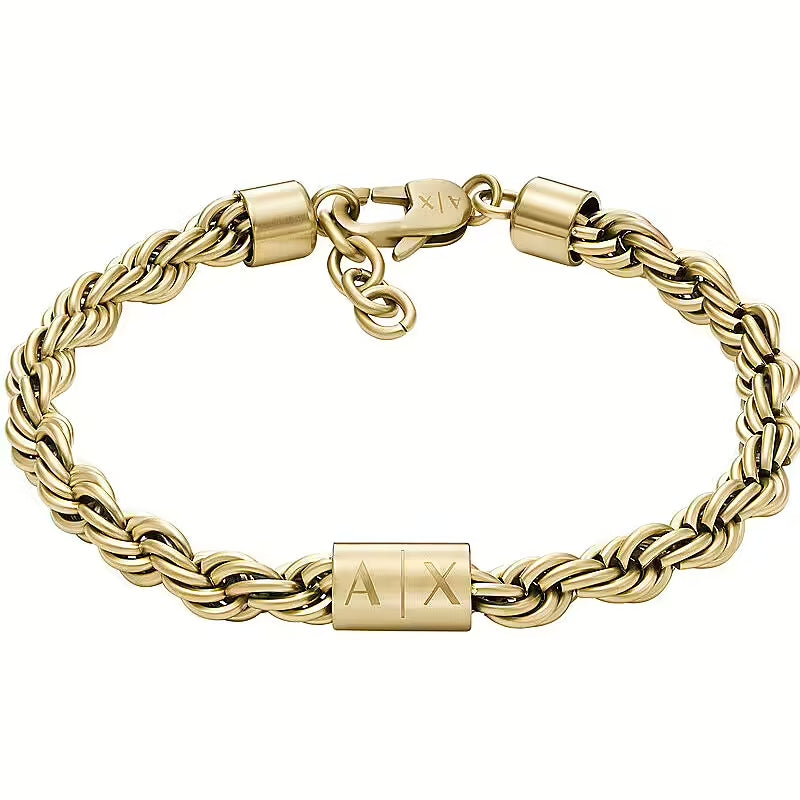 ARMANI EXCHANGE Mod. AXG0124710 gold rope bracelet with AX logo on clasp, fashion jewelry.