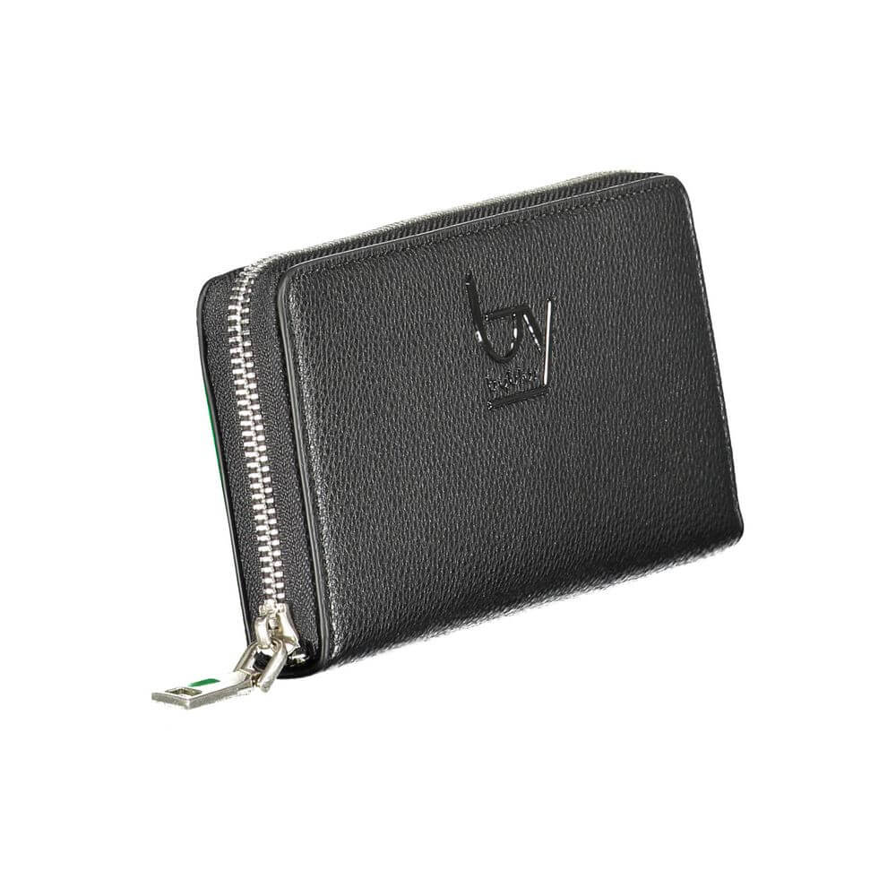 BYBLOS Black Polyethylene Wallet with zip closure, logo detail, 5 compartments, coin purse, and card slots, featuring contrasting details.