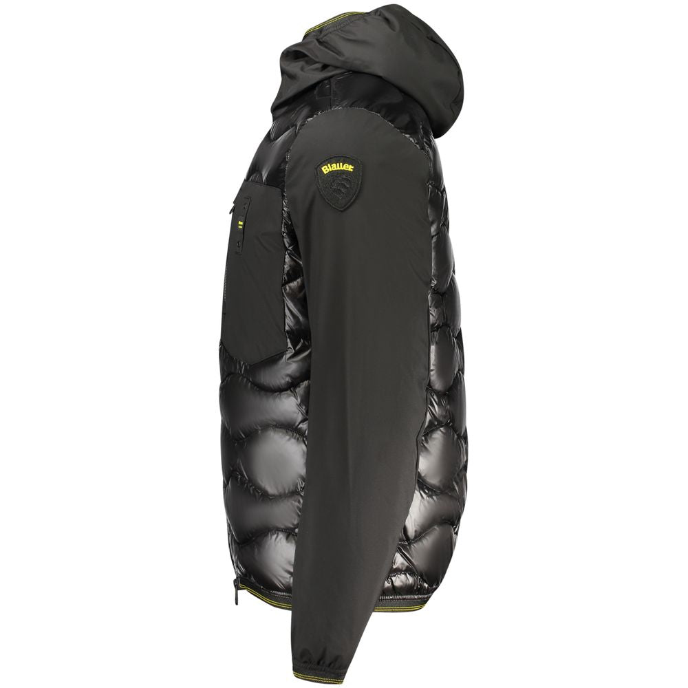 Blauer Black Polyamide Jackets & Coat with hood, 3 external pockets, contrasting details, logo applique, showcasing side view.