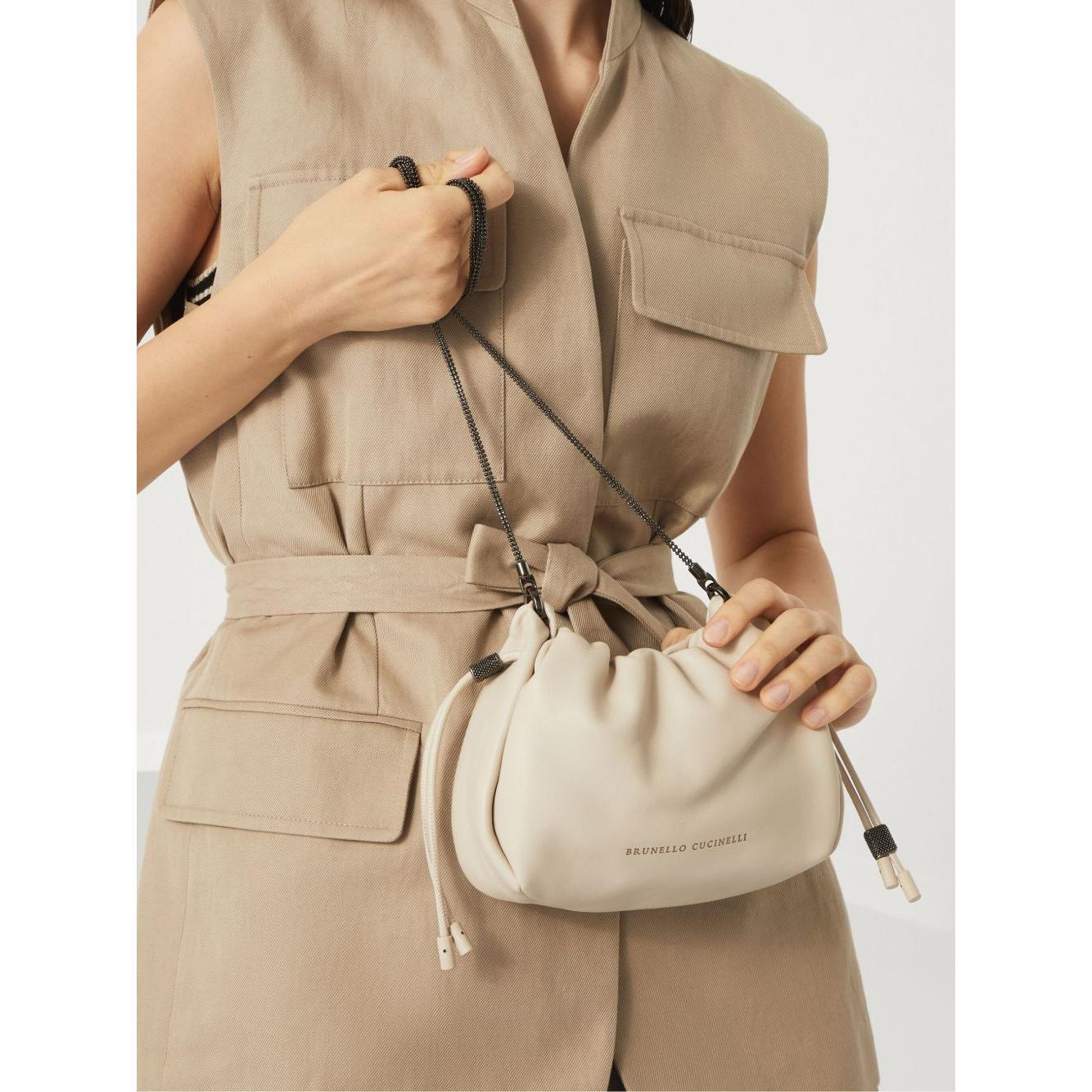 Brunello Cucinelli Bucket Mellow mini bag in Soft leather with Precious Chain Shoulder
