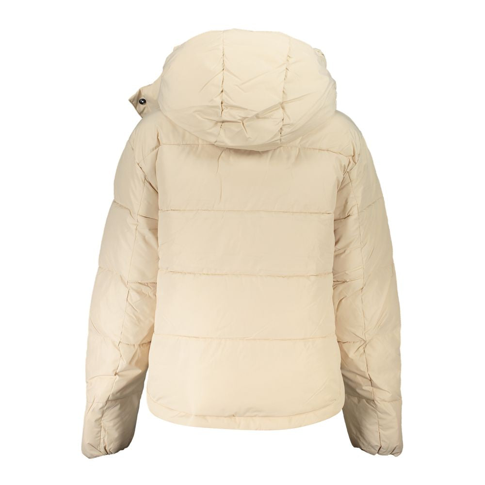 Calvin Klein Beige Polyester Jackets & Coat with removable hood, zip closure, contrasting details, and logo design made from recycled materials.