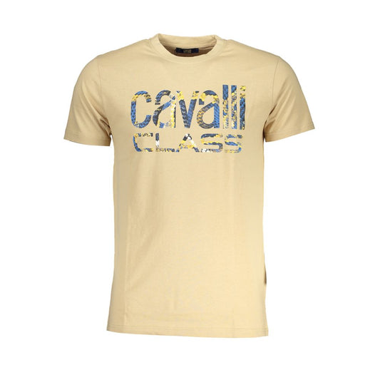 Alt Tag: Cavalli Class Beige Cotton T-Shirt with crew neck and logo print, short-sleeved casual wear.